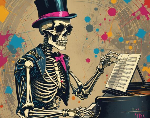 A skeleton in a top hat and sun glasses, playing piano and looking at sheet music.