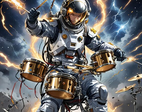 Anime style image of drummer in space suit, surrounded by lightning bolts.